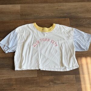 Hollister White Tee with Yellow Collar and Pink NYC Print